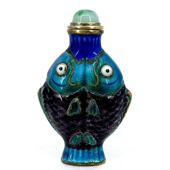 Double Koi Fish Metal & Enamel Snuff Bottle Vintage 2 5/8" Tall Original Box - Picture 2 of 10